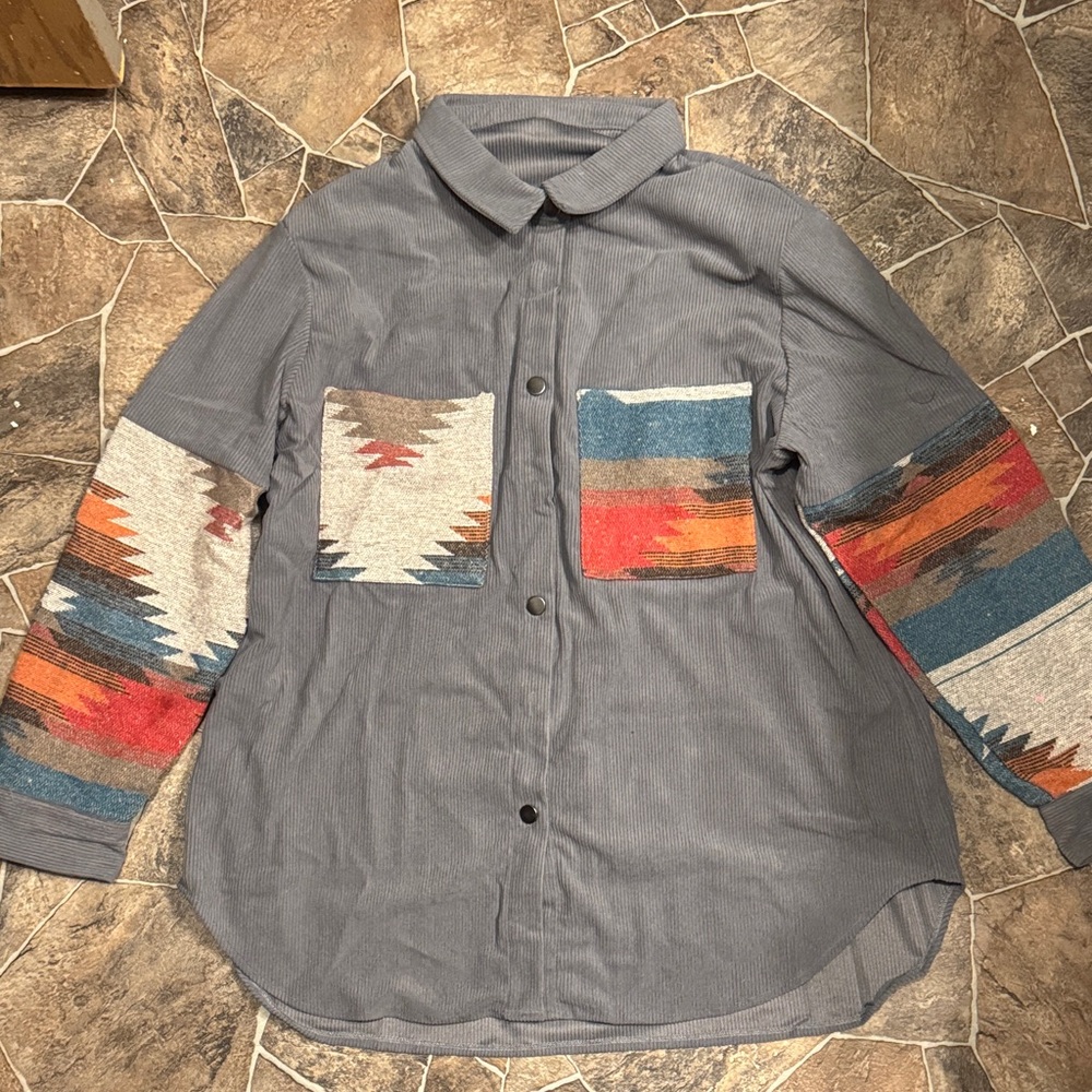 SHEIN Gray Button Down Shirt with Multicolor Sleeves